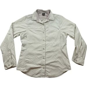 REI Co-op Sahara Tan Khaki Long Sleeve Hiking Shirt Womens Medium Venting Pocket
